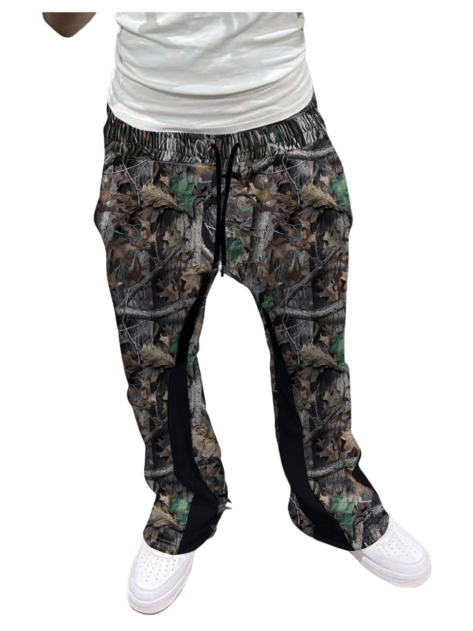 GORGLITTER Mens Camo Sweatpants Drawstring Waist Patchwork Stacked Flared Joggers Camo Medium